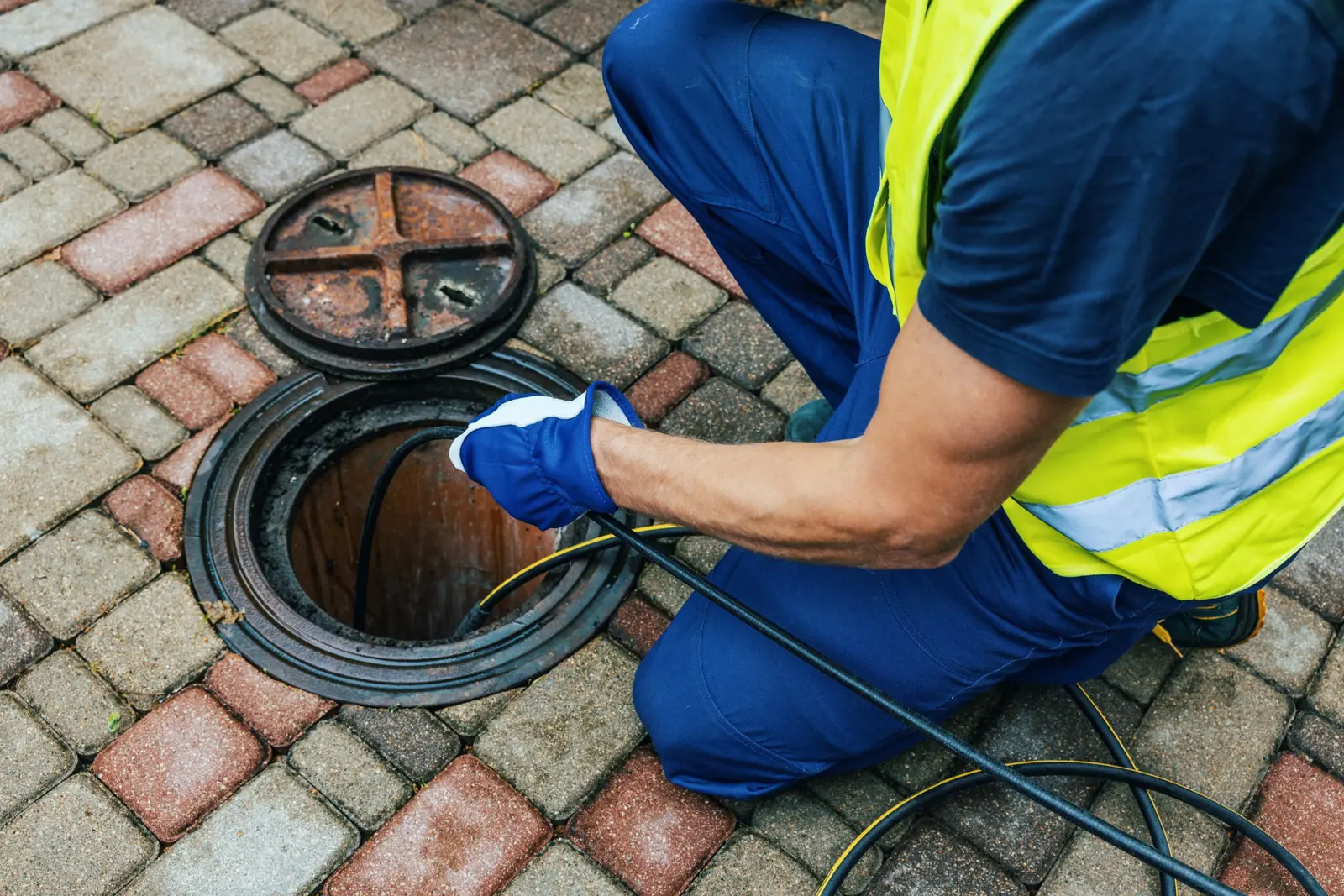 Hydro jetting equipment cleaning a sewer line