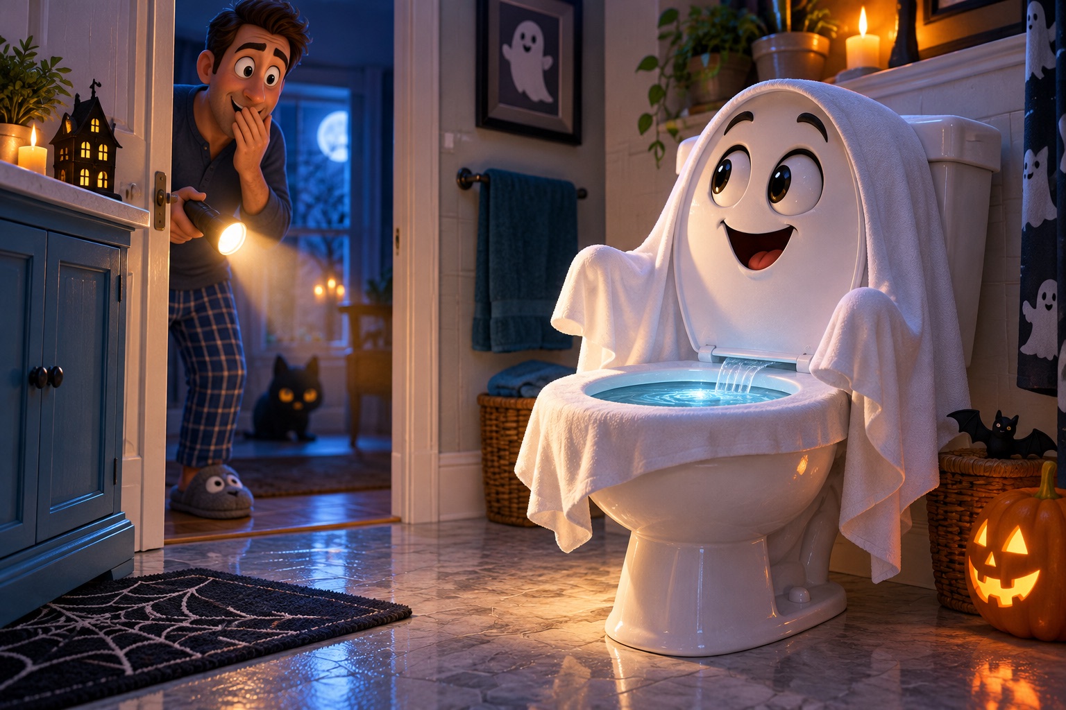 A friendly toilet dressed as a ghost surprises an amused homeowner in a Halloween-decorated bathroom.