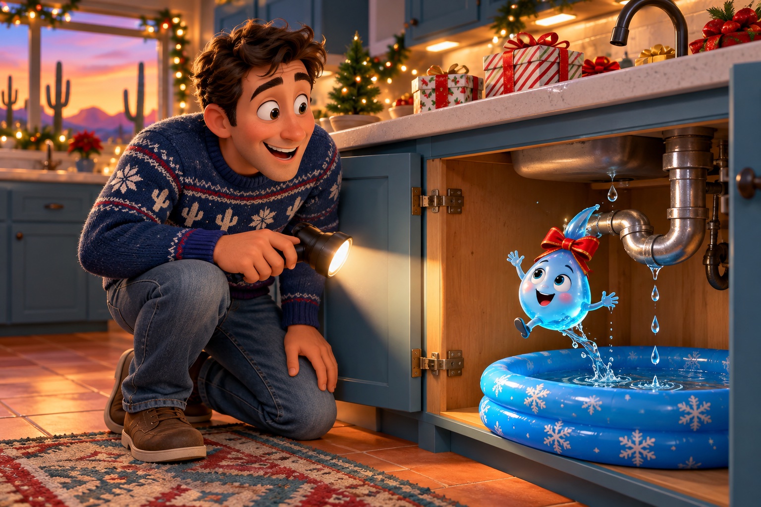 A fully clothed homeowner shines a flashlight into a holiday kitchen cabinet where a mischievous cartoon water droplet splashes into a miniature pool.