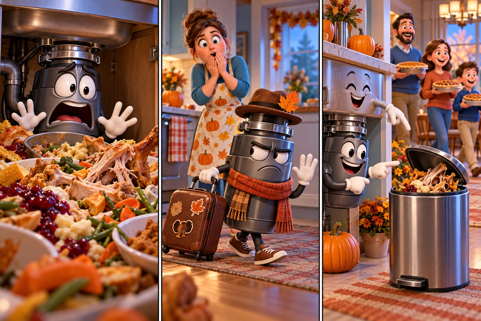 Three comic panels show a shocked disposal facing turkey scraps, packing a suitcase, and happily pointing to a trash bin.