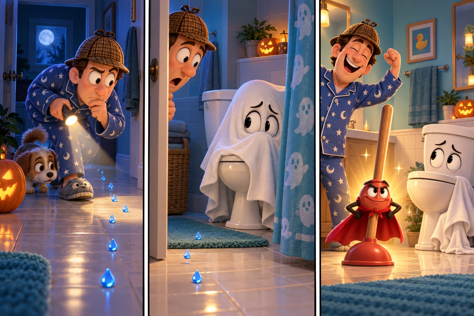 Three comic panels show a pajama-clad detective homeowner, a ghost-costumed toilet, and a plunger wearing a superhero cape.