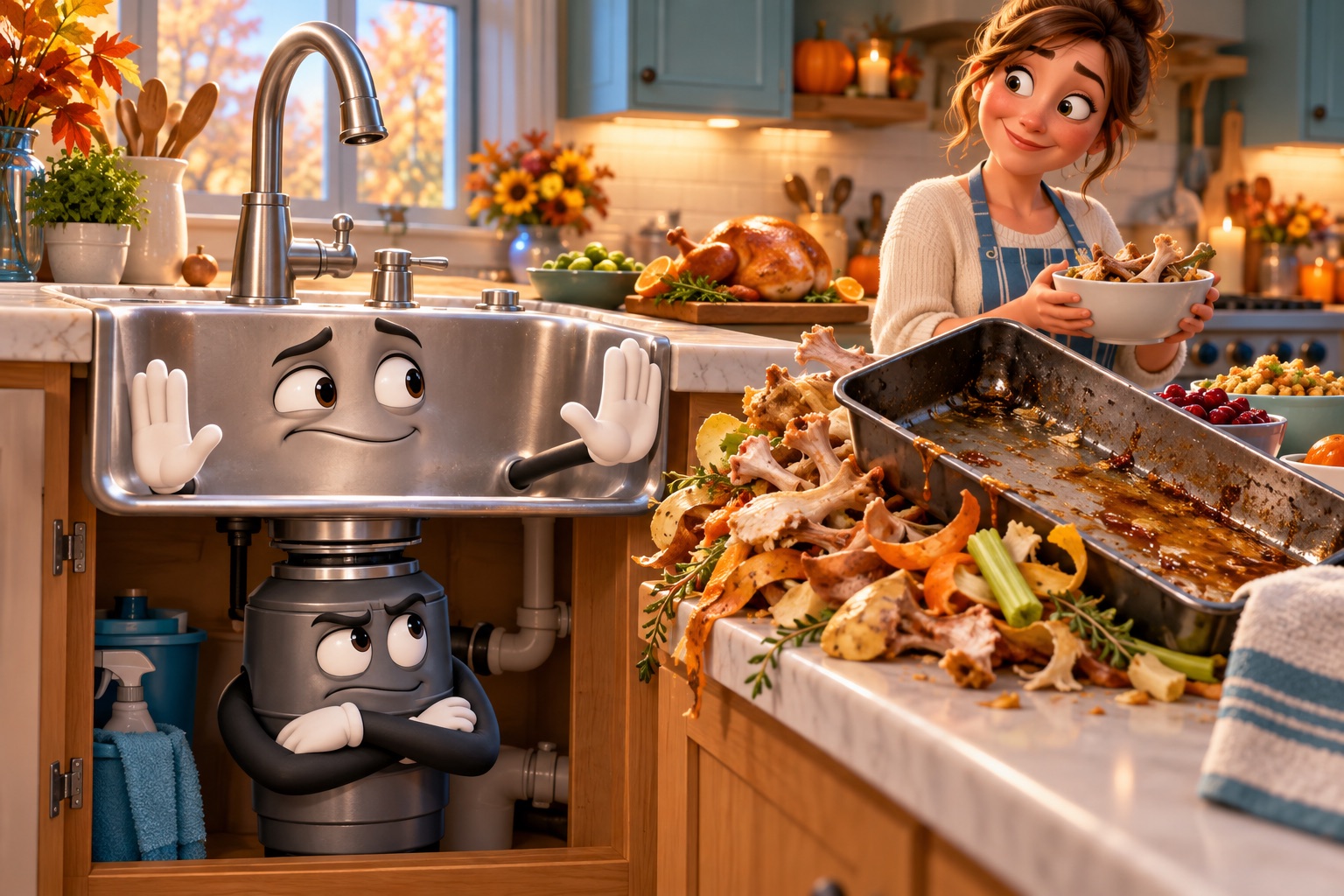 An expressive kitchen sink and disposal refuse Thanksgiving scraps while an amused homeowner prepares dinner.