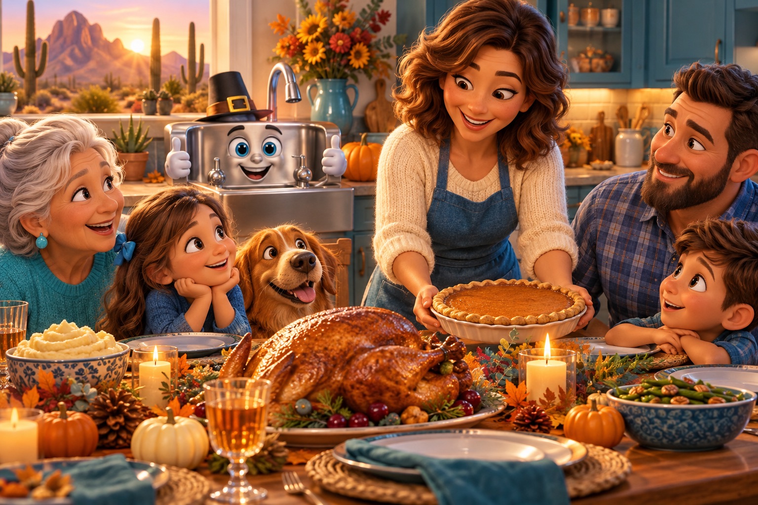 A warm family Thanksgiving dinner with a cheerful cartoon kitchen sink in the background.