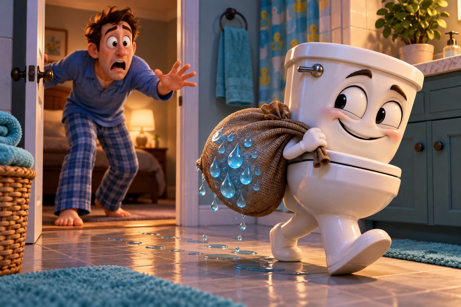 A mischievous cartoon toilet sneaks away with water droplets while a homeowner catches it.