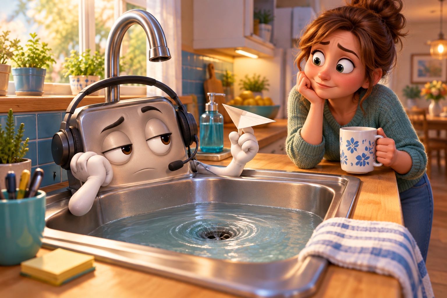 A bored cartoon sink wearing a call-center headset makes a homeowner wait.