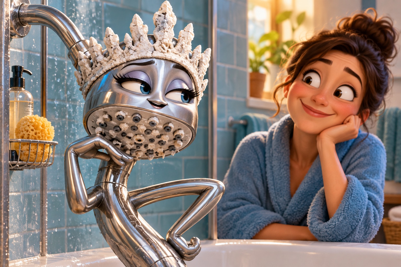 An expressive cartoon showerhead wears a crown of white mineral crystals.