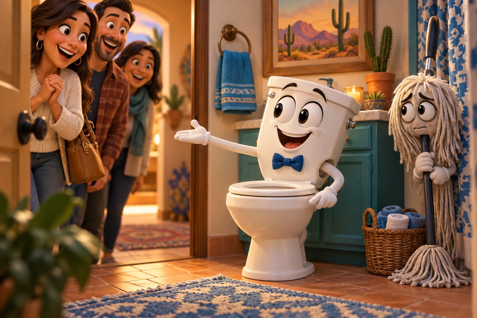 A cheerful cartoon toilet wearing a bow tie welcomes guests while a nervous mop watches.