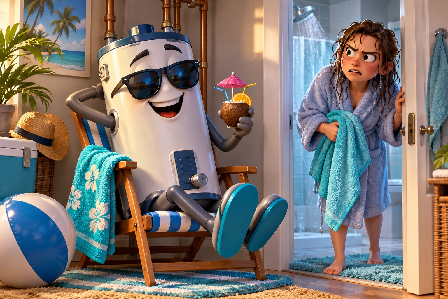 A cartoon water heater relaxes in a beach chair while a homeowner looks annoyed after a cold shower.