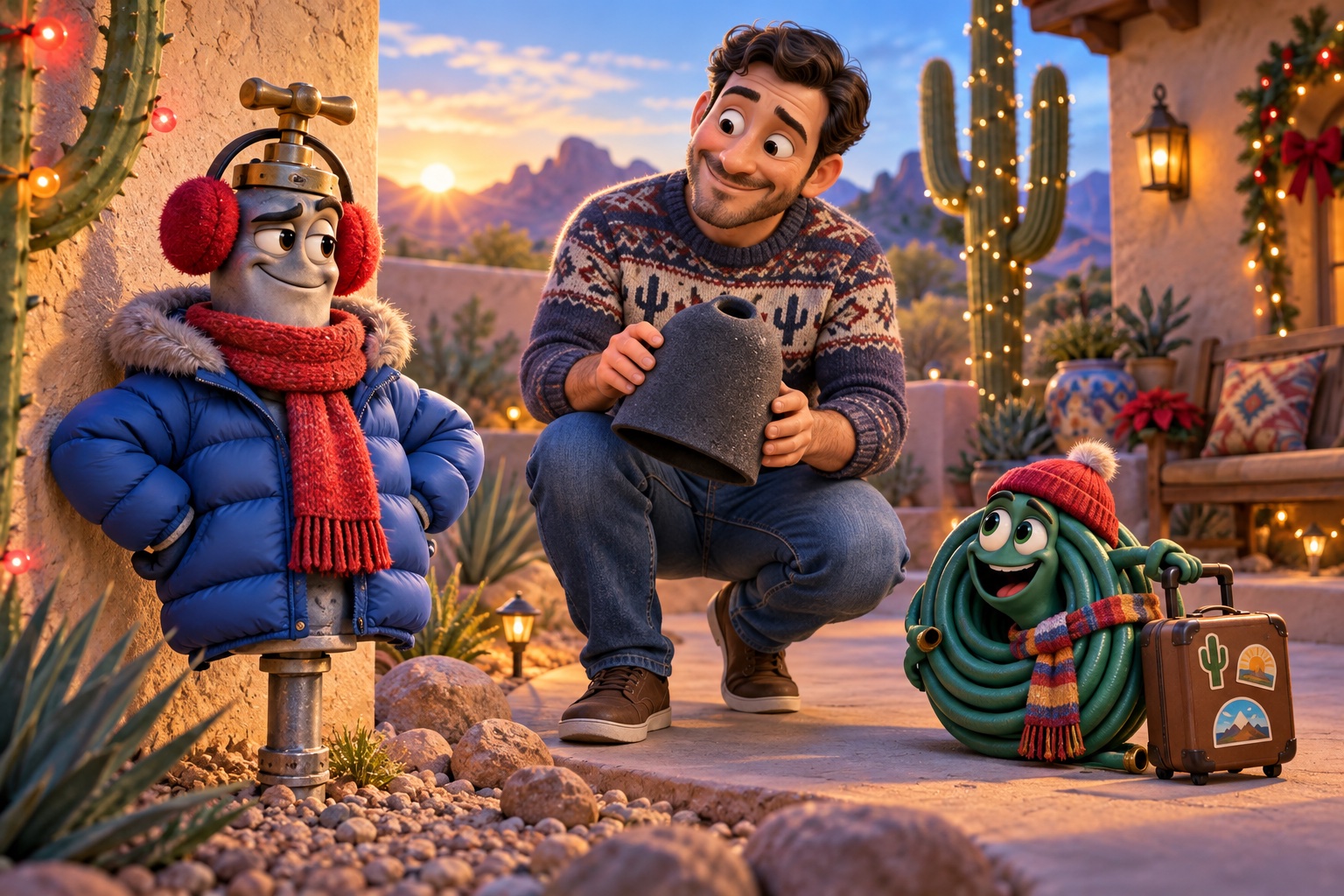 A cartoon outdoor pipe wears an oversized winter coat while a fully clothed homeowner holds a faucet cover and a cheerful garden hose packs a suitcase.